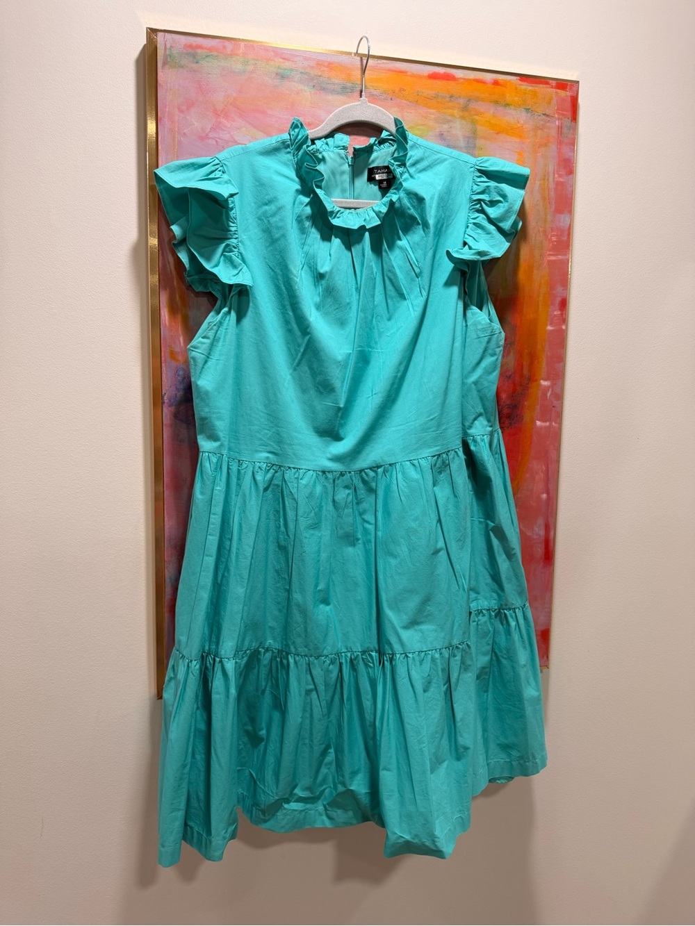 Tahari Turquoise Ruffle-Sleeve Tiered Dress